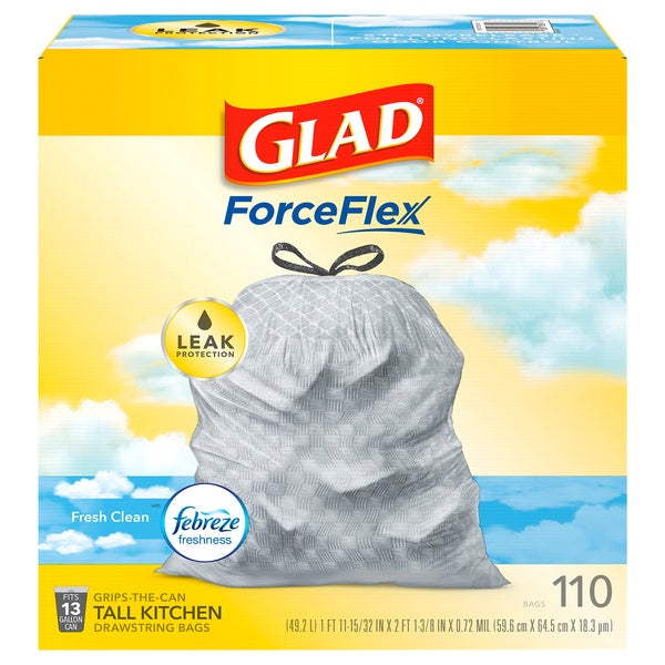 Glad ForceFlex Febreeze Fresh Clean Tall Kitchen Bags 13Gal x 110ct