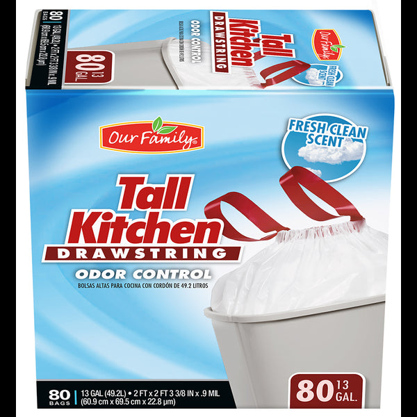 Our Family Tall Odor Control Kitchen Drawstring Trash Bags 13gal x 80ct