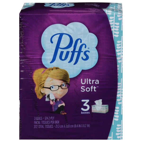 Puffs Ultra Soft Facial Tissues 3 Boxes 124ct 2ply