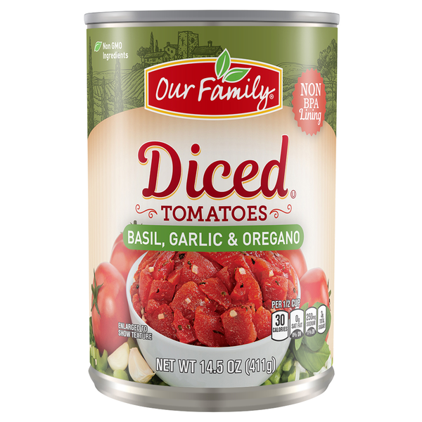 Our Family Basil, Garlic & Oregano Diced Tomatoes 14.5oz