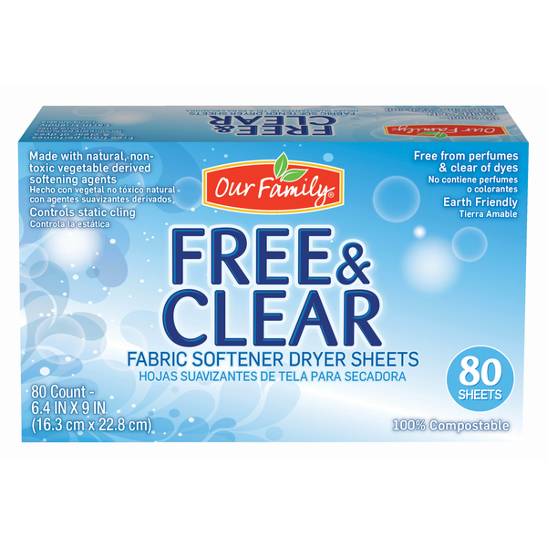 Our Family Free & Clear Fabric Softener Dryer Sheets 80ct