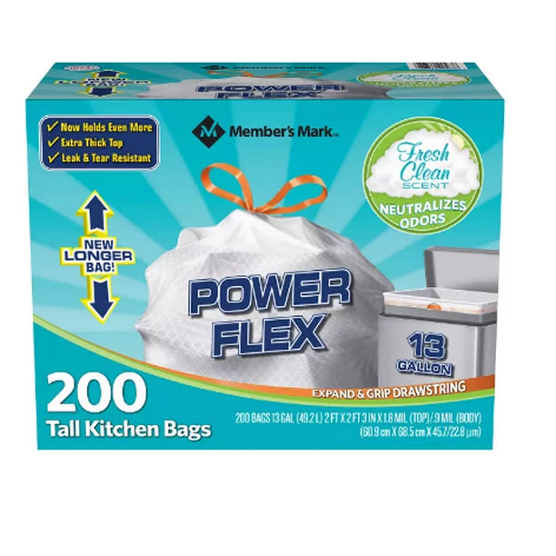 Member's Mark Power Flex Tall Kitchen Trash Bags 13 Gal 100ct